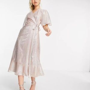 Metallic Sparkle Flutter Sleeve Wrap Midi Dress